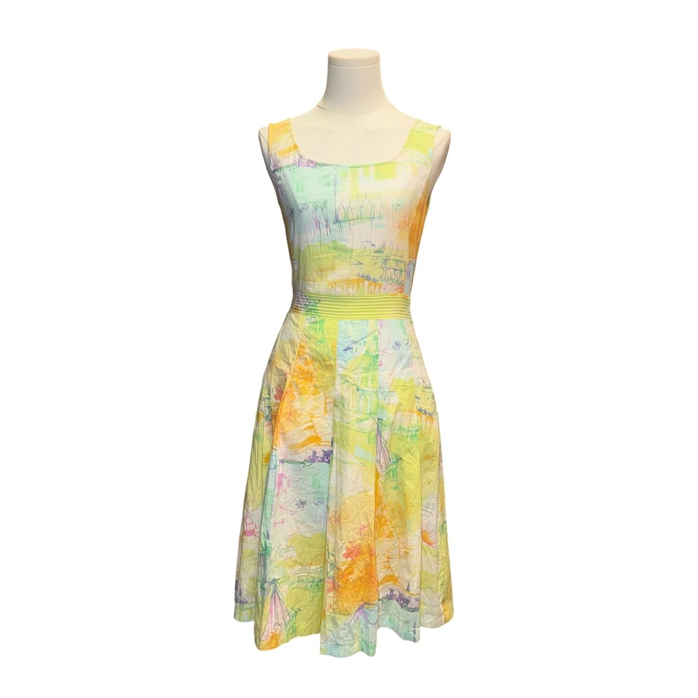 Vintage Crocodile Watercolor Novelty Scenic Fit Flare Midi Dress Pastel Sz 90 S⁠